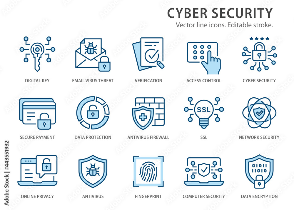 Cyber security line icons set. Vector illustration. Editable stroke. Cyber security line icons set. Vector illustration. Editable stroke.
