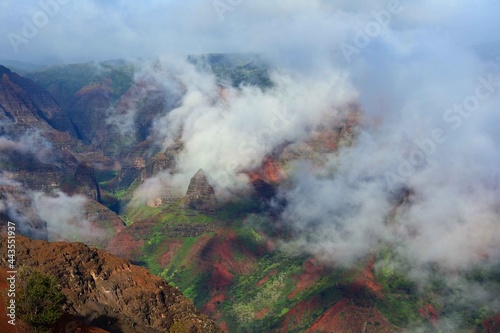  afternoon fog rolls in  over colorful  waimea canyon, kauai, hawaii       © Nina