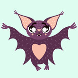 Cute cartoon bat. Vector character illustration isolated on white background. A friendly bat flaps its wings and smiles.  Purple kids halloween print. Flying nocturnal predator. Flat style.