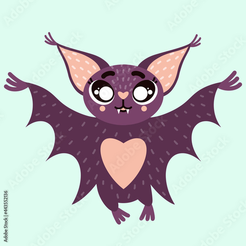 Cute cartoon bat. Vector character illustration isolated on white background. A friendly bat flaps its wings and smiles.  Purple kids halloween print. Flying nocturnal predator. Flat style.