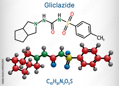Gliclazide molecule. It is sulfonylurea compound with hypoglycemic activity, used for treatment of non-insulin-dependent diabetes mellitus NIDDM. Structural formula, molecule model.