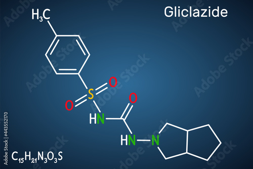 Gliclazide molecule. It is sulfonylurea compound with hypoglycemic activity, used for treatment of non-insulin-dependent diabetes mellitus NIDDM. Structural formula on the dark blue background