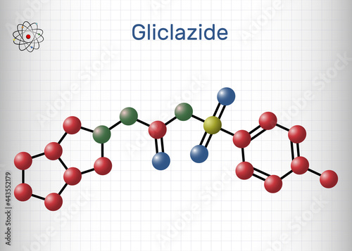 Gliclazide molecule. It is sulfonylurea compound with hypoglycemic activity, used for treatment of non-insulin-dependent diabetes mellitus NIDDM. Sheet of paper in a cage.