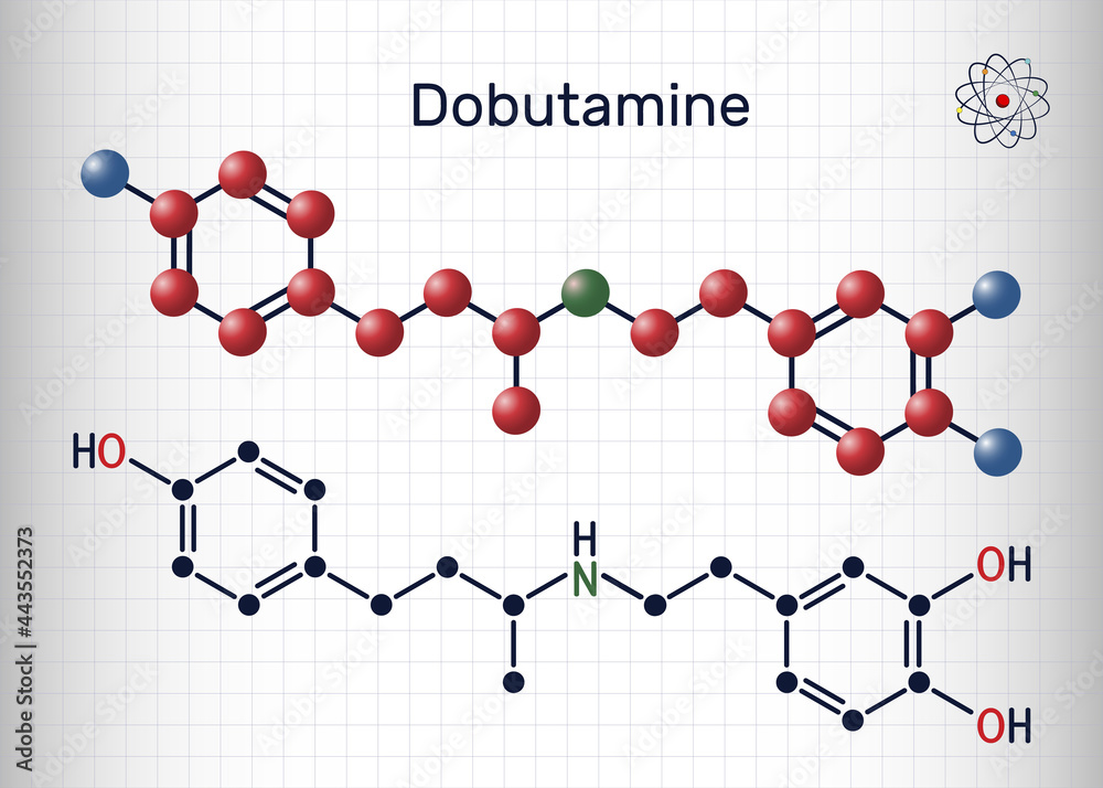 Dobutamine molecule. It is synthetic catecholamine, used as cardiotonic agent after cardiac surgery and for severe heart failure. Sheet of paper in a cage Dobutamine molecule. It is synthetic catecholamine, used as cardiotonic agent after cardiac surgery and for severe heart failure. Sheet of paper in a cage