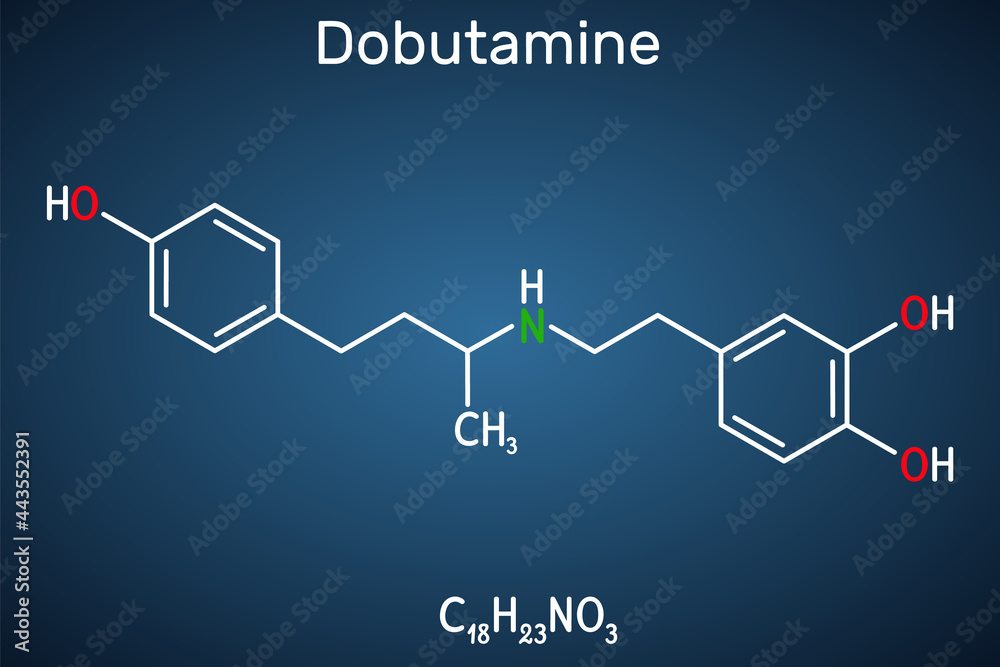 Obraz premium Dobutamine molecule. It is synthetic catecholamine, used as cardiotonic agent after cardiac surgery and for severe heart failure. Structural chemical formula on the dark blue background