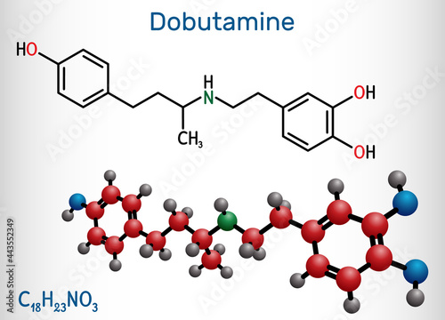 Dobutamine molecule. It is synthetic catecholamine, used as cardiotonic agent after cardiac surgery and for severe heart failure. Structural chemical formula, molecule model