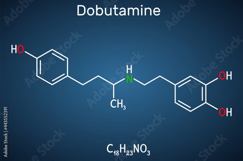 Dobutamine molecule. It is synthetic catecholamine, used as cardiotonic agent after cardiac surgery and for severe heart failure. Structural chemical formula on the dark blue background