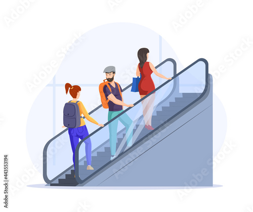 Tourists people stand on escalator at airport departure flight gate at international terminal