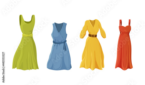 Collection of elegant summer female dresses. Set of different feminine fashion apparel wardrobe