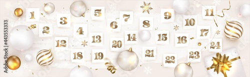 Christmas advent calendar. New Year 2022 holidays cover.Paper sheets with number of the day of december, confetti, gifts decorations. Flat lay design. Top view. Realistic vector