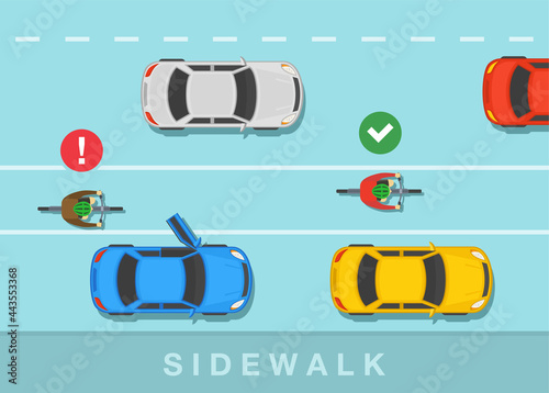Avoid the door zone rule. Correct and wrong bicycle driving. Car and bicycle rider on city road. Driver is opening car door. Top view. Flat vector illustration template.