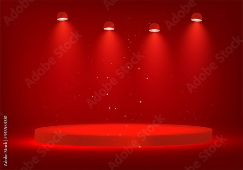 Red Winner stage, podium illuminated by searchlights. Empty pedestal with illuminated projector. Light sources, floodlight on a wall. Concept for cosmetic or product display podium.Vector