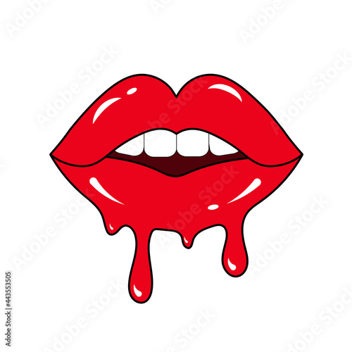 Melting glossy colored and sexy parted lips.  Dripping with red paint lips. 