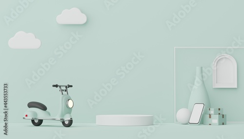 Fototapeta Naklejka Na Ścianę i Meble -  3d render of minimal display podium design for mock up and product presentation. Pedestal stage with pastel color scene. Trendy design for mock up and web banner.