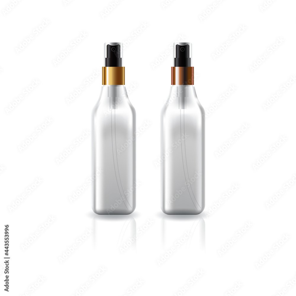 Blank clear square cosmetic bottle with gold-copper press spray head for beauty or healthy product. Blank clear square cosmetic bottle with gold-copper press spray head for beauty or healthy product.