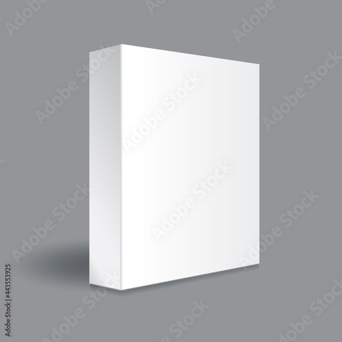 Blank white paper or cardboard rectangle box with right side mockup template. Isolated on gray background with shadow. © Mockups Variety