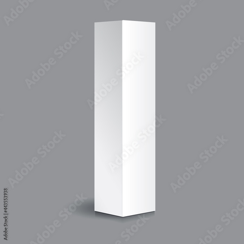Blank white paper or cardboard rectangle tall box mockup template. Isolated on gray background with shadow.
