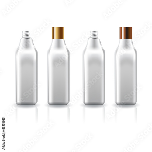 Blank clear square cosmetic bottle with gold-copper screw lid for beauty or healthy product.