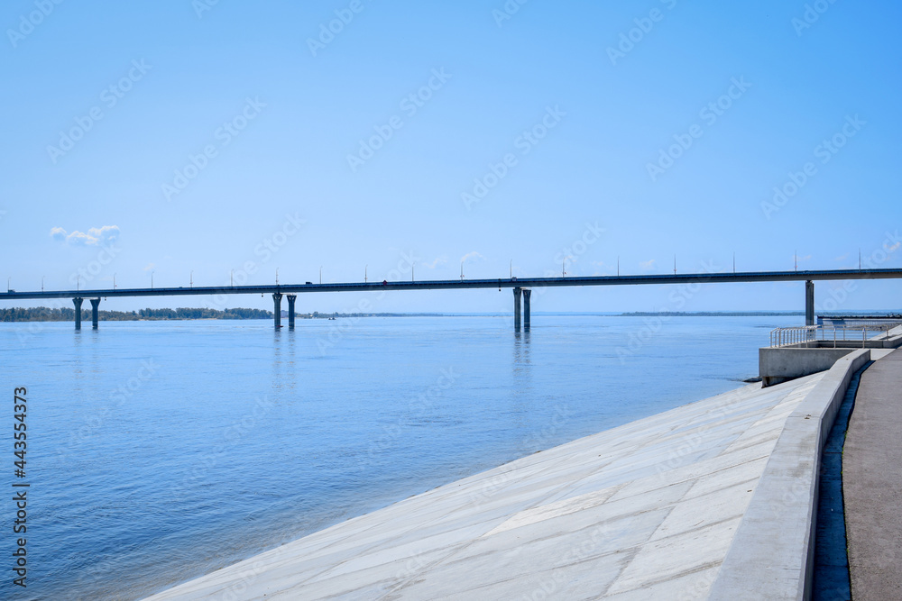 Volga river embankment and bridge in Volgograd city