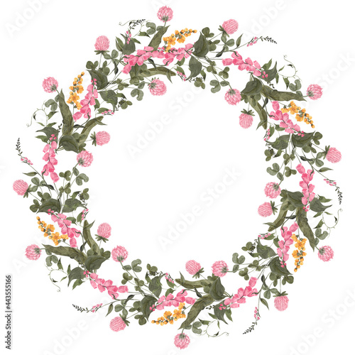 Wallpaper Mural Watercolor vintage illustration. Retro wreath with wildflowers, forest herbs, isolated on white background Torontodigital.ca
