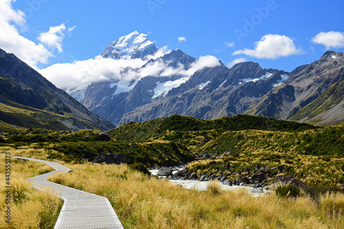 spectacular views of mount cook and the hooker river along the hooker valley track on a summer day in summer, near mount cook village on the south island of new zealand