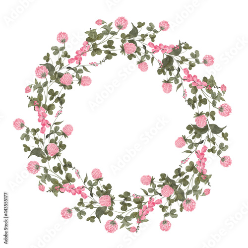 Watercolor vintage illustration. Retro wreath with wildflowers, forest herbs, isolated on white background