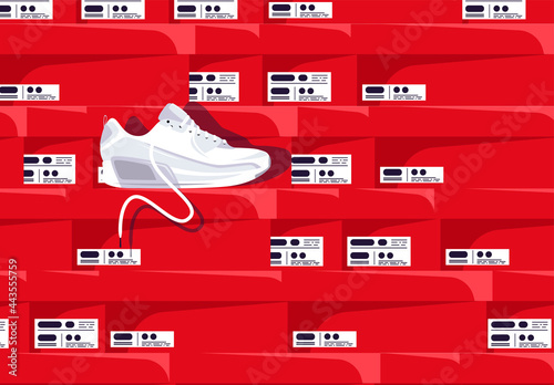 vector illustration of one white sneaker on the background of a large number of red boxes, a warehouse or a storage place for sports shoes