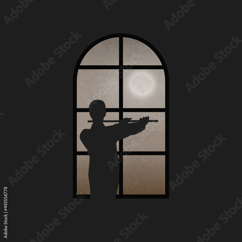An Artist Playing A Flute Under The Moonlight