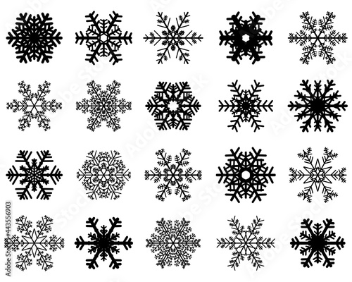 Set of different black snowflakes on a white background