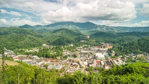 Aerial timelapse of Gatlinburg. Gatlinburg is a popular mountain resort city in Sevier County, Tennessee, as it rests on the border of Great Smoky Mountains National Park. photo