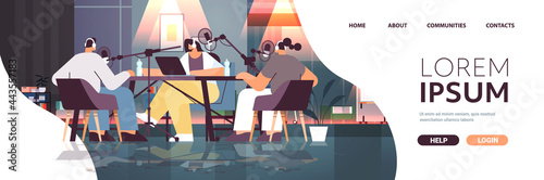 podcasters talking to microphones recording podcast in studio podcasting online radio broadcasting concept