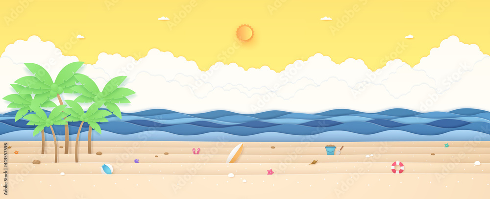 Obraz premium Summer Time, tropical landscape, coconut trees and summer stuff on beach with wavy sea, bright sun and orange sunny sky, paper art style