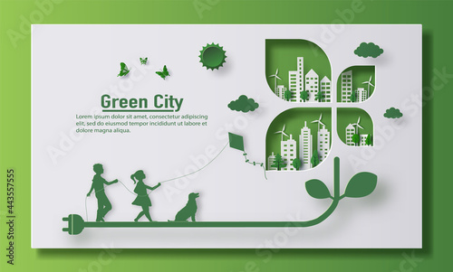 Kids playing kite with a city background, landing page and banner design, paper illustration, and 3d paper.