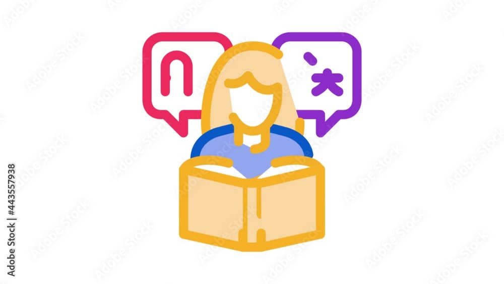 Woman Learning Language Icon Animation. color Girl With Dictionary Reading Book For Study Foreign Language animated icon on white background Woman Learning Language Icon Animation. color Girl With Dictionary Reading Book For Study Foreign Language animated icon on white background
