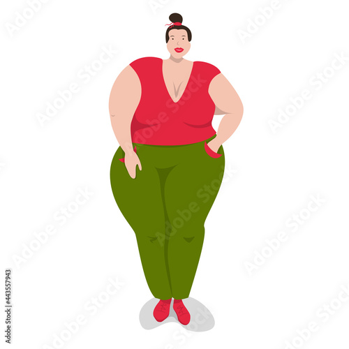 Body positive woman is standing. flat style. vector illustration of a plus size woman, full figure