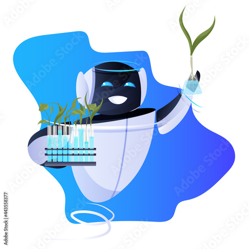 robot holding test tubes with genetically modified plants scientific research biology education artificial intelligence