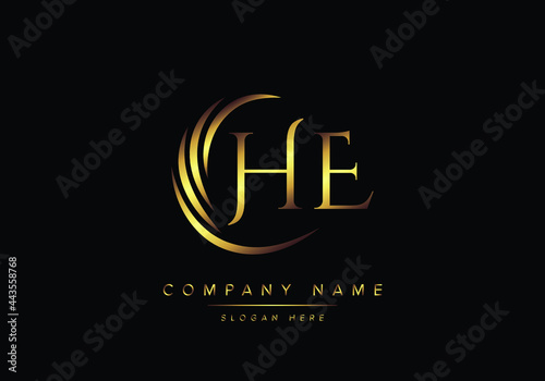 alphabet letters HE monogram logo, gold color elegant classical