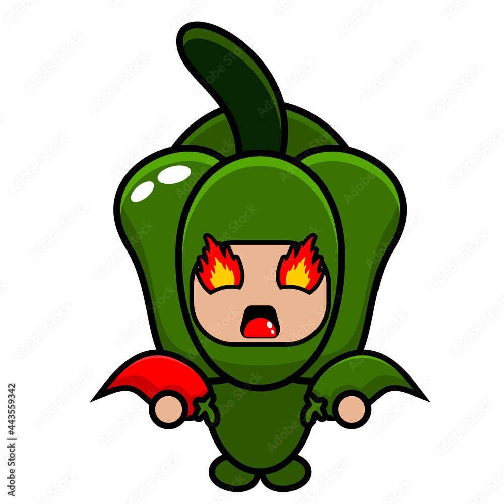 Obraz premium Green pepper mascot costume vector cartoon character holding red chili and green chili with spiciness expression. very suitable for posters, printed fabrics, children's clothes