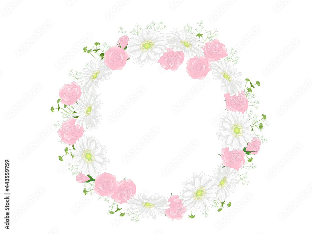 ピンクのバラと白いガーベラのフレーム_丸