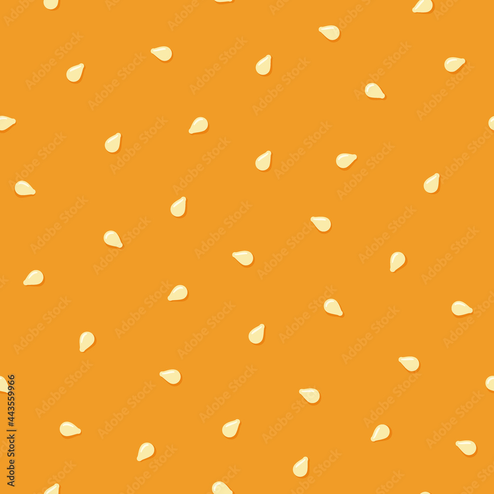 White sesame seeds on a bun. Seamless pattern. Top burger with sesame seeds. Vector illustration on color background.