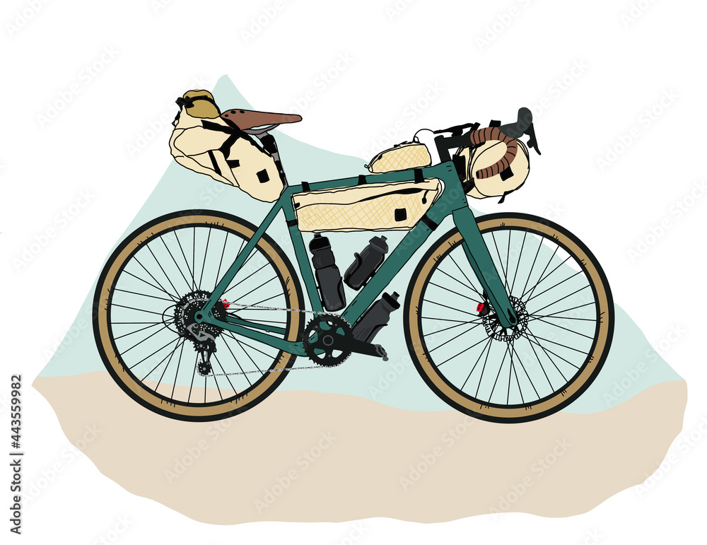Illustrazione di bicicletta da viaggio con bagagli, in gravel bike packaging