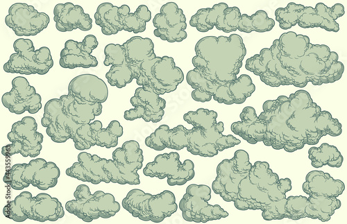 Clouds in the sky. Design set. Editable hand drawn illustration. Vector engraving. Isolated on light background. 8 EPS