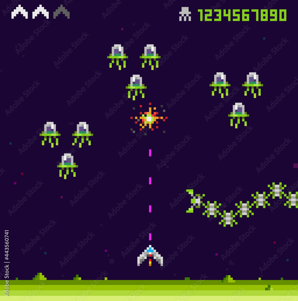 Pixel art 8 bit arcade video game design with space ships and ufo aliens  vector template. Retro video game. Pixelated explosion space ships, rockets  for level design Stock Vector