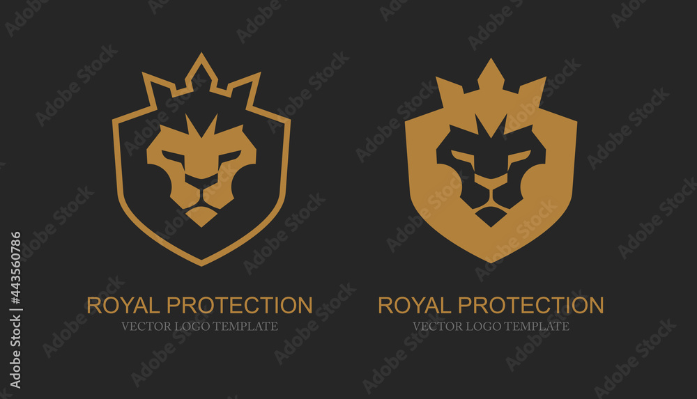 Concept of Protection and defense logo template with Golden Lion face head shield shape with emblem. . Geometric flat style lion security emblem isolated on black background Concept of Protection and defense logo template with Golden Lion face head shield shape with emblem. . Geometric flat style lion security emblem isolated on black background