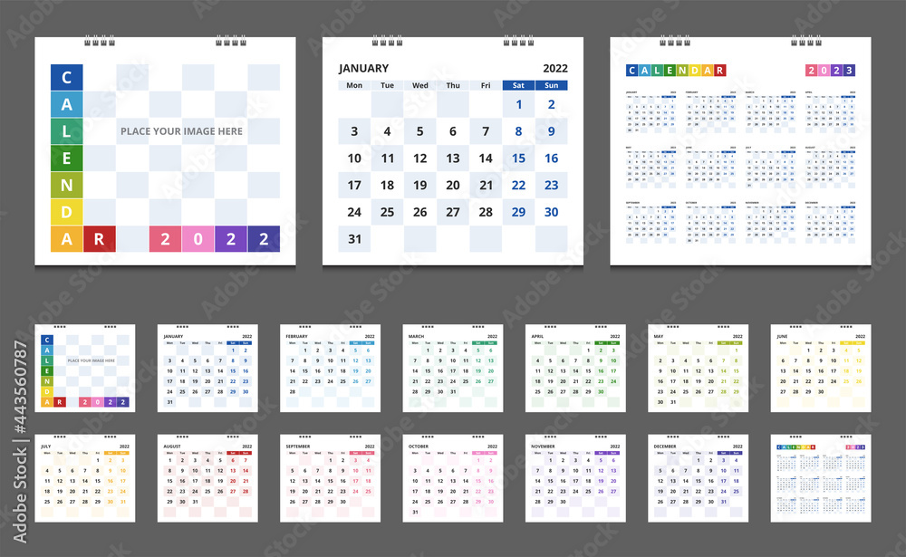 2022 calendar. Set desk calendar for template corporate design. Week start on Monday. 2022 calendar. Set desk calendar for template corporate design. Week start on Monday.