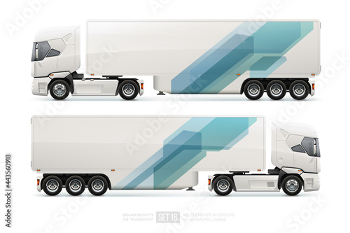 White futuristic cargo Truck Trailer vector mockup with branding design isolated vector. Abstract stripes blu etech graphics on transport. Autonomous electric truck. Driverless cargo vehicle 