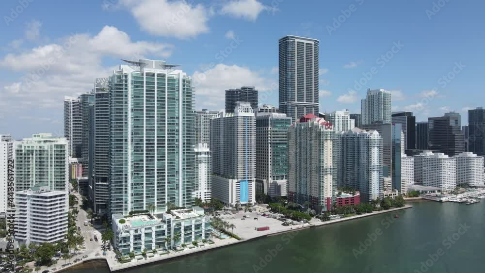 Downtown Miami, Florida, USA, Drone Aerial View of Skyscrapers and Buildings on Waterfront on Sunny Day