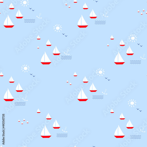 Cute seamless pattern with sailboat, wave, anchor, seagulls and sun. Sea background. Children's cartoon vector. Design for fabric, wallpaper, stationery, tourism.