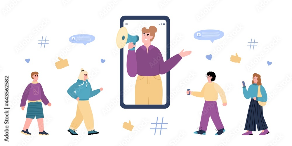 Woman influencer shout out in megaphone to followers a flat vector illustration. Woman influencer shout out in megaphone to followers a flat vector illustration.