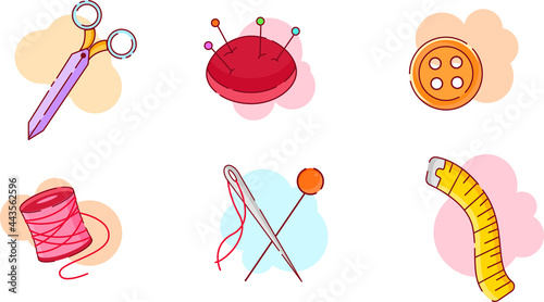 World needlework day icons.Sewing.Vector illustration of sewing stuff.Scissors,threads,needles.